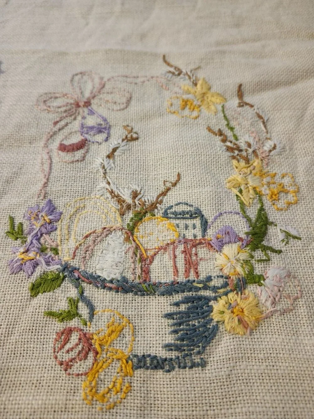 Embroidered Easter Basket & Eggs Linen Table Runner, Bread Basket Liner